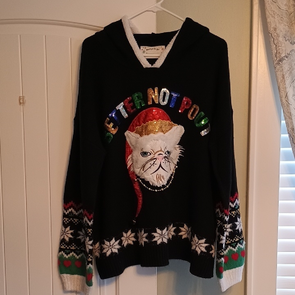 Womans 1X Festive Grumpy Cat Christmas Sweater With Hood